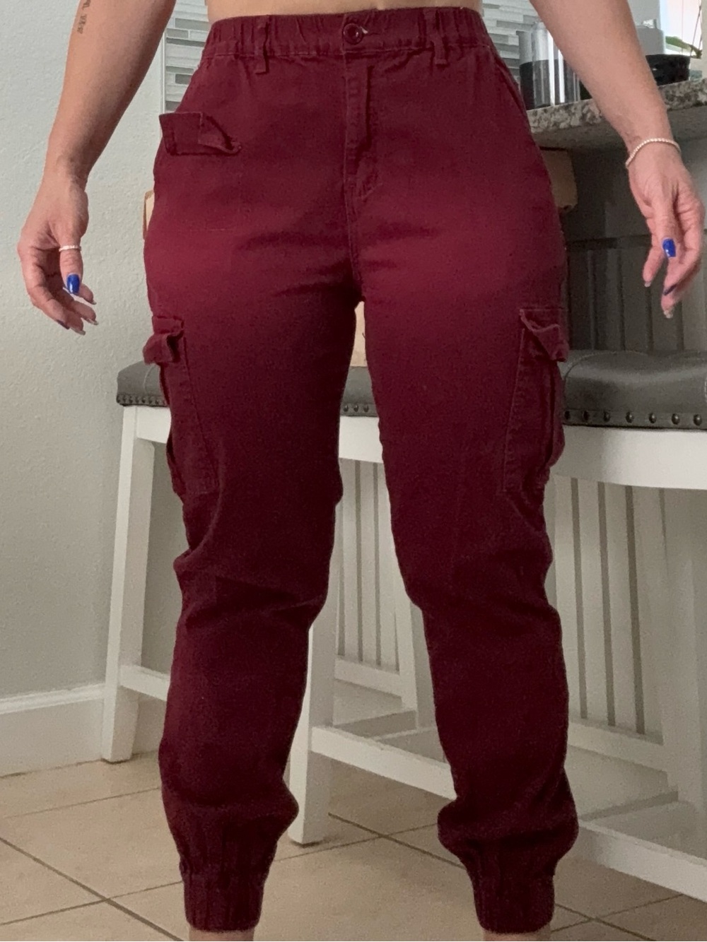 Double Denim Maroon Cargo Jogger Pants Sz L - stretch denim